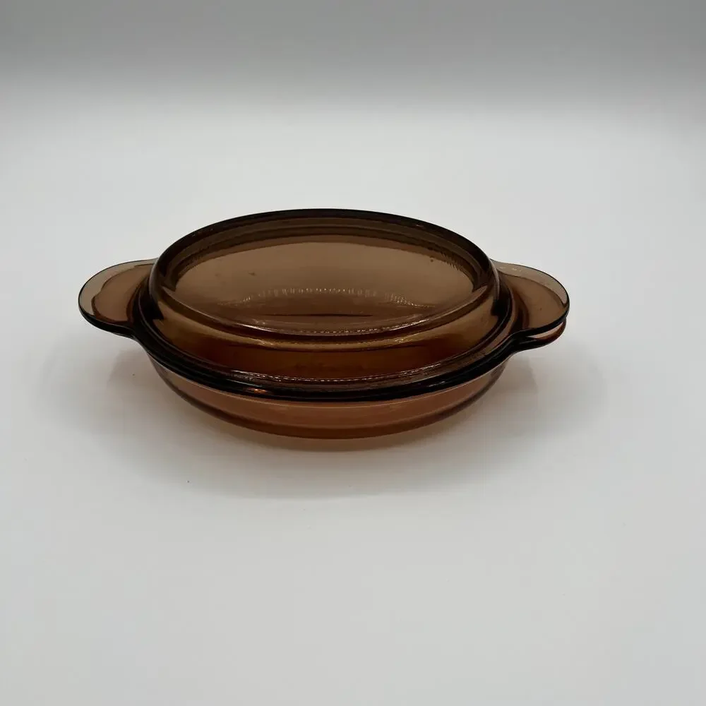 CORNING VISION Vtg Amber Glass Oval Casserette Dish with Lid  Grab-it V-14-B
